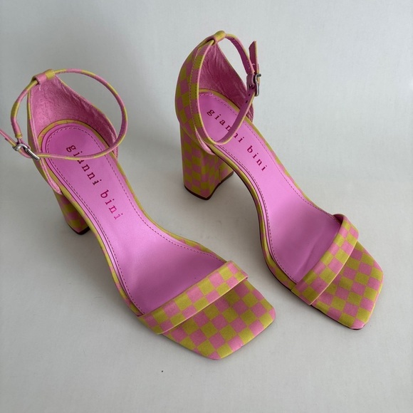Gianni Bini womens green pink Checkered Heels square toe sandals size 10 - Picture 2 of 8